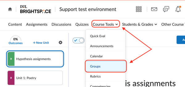 Course Tools drop-down menu with Groups selection shown
