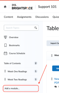 D2L Table of Contents sidebar with Add a module... button shown