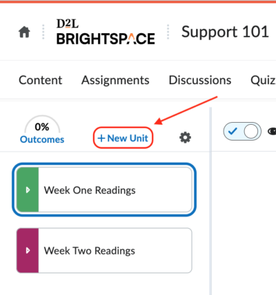 D2L Content sidebar with the +New Unit button shown