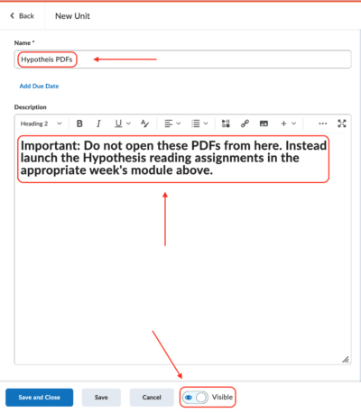 D2L configure new unit page with the Name field, Description field, and Visible button shown