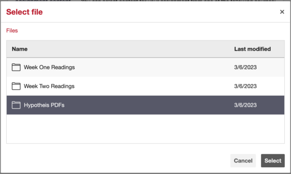 Picker winder showing Hypothesis PDFs folder to select